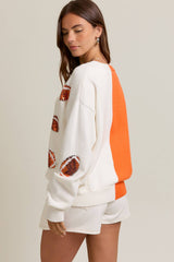 KNIT SWEATER CARDIGAN WITH FOOTBALL SEQUIN EMBROIDERY: WHITE-ORANGE / XS