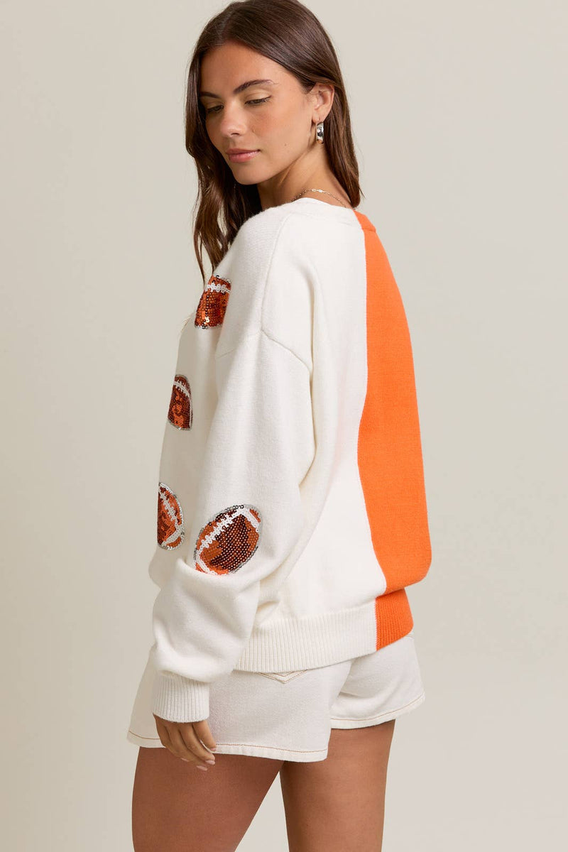 KNIT SWEATER CARDIGAN WITH FOOTBALL SEQUIN EMBROIDERY: WHITE-ORANGE / XS