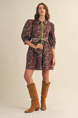 BLANKET STITCH PUFF SLEEVE FLORAL MINI DRESS MDR4173: Plum Multi Floral / M