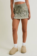 TREE CAMO PRINTED SHORTS INSIDE MINI SKIRT: SAGE CAMO / XS