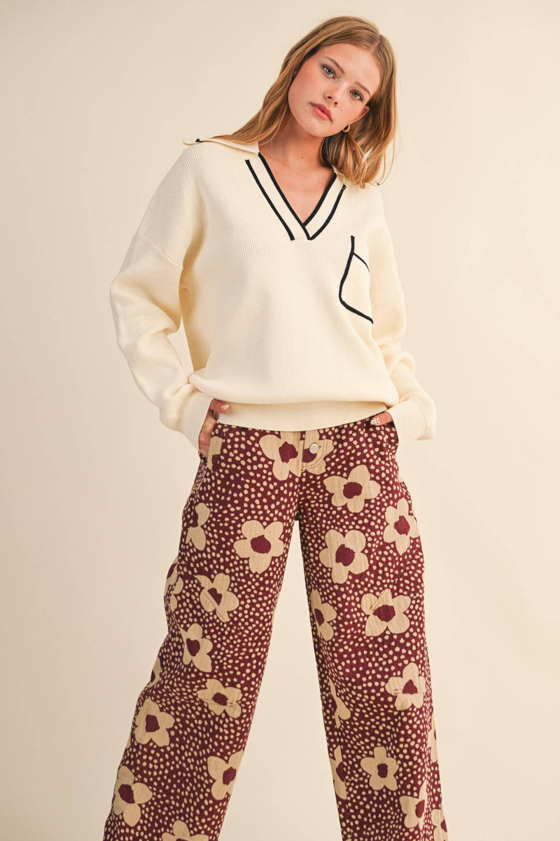 COLLARED SWEATER: Chocolate Ivory / M