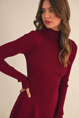 ID5527 MOCK NECK LONG SLEEVE FIT AND FLARE MINI DRESS: Burgundy / M