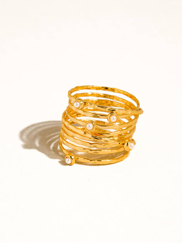 18K Gold Vintage Multi-Band Pearl/CZ Ring: Yellow Gold / Mireth-CZ
