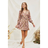 Floral Mini Wrap Dress: TAUPE/MAUVE