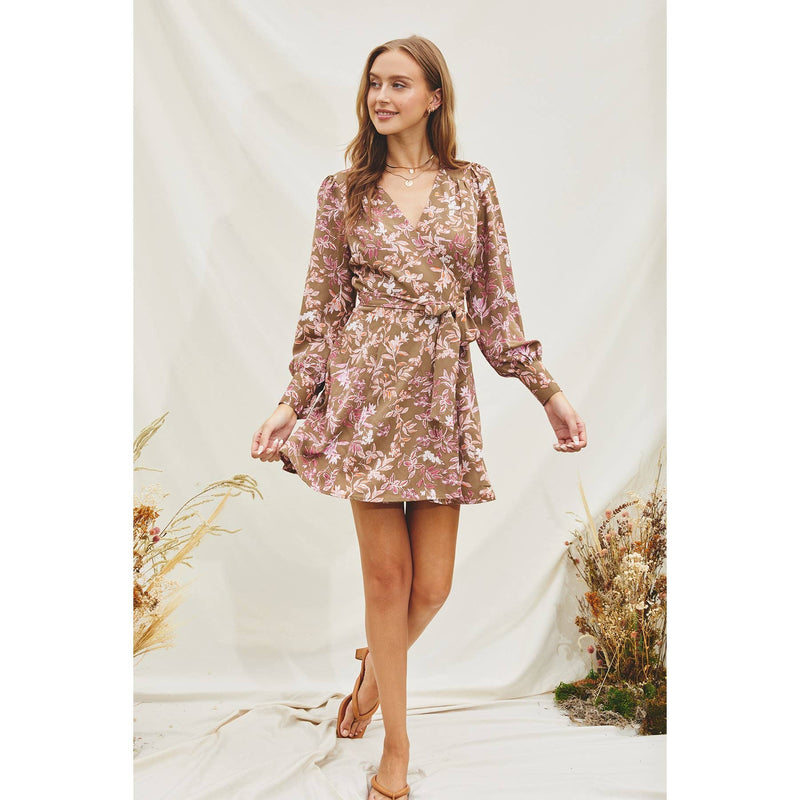Floral Mini Wrap Dress: TAUPE/MAUVE