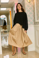Pleated Waist Solid Midi Skirt