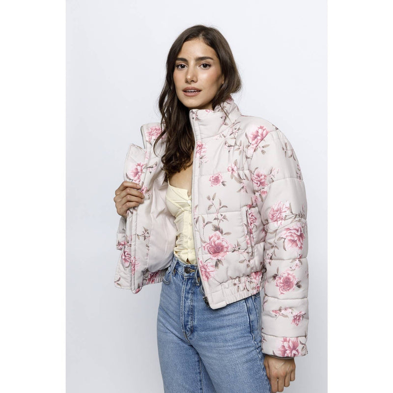 JT6514-1- ROMANTIC FLORAL PUFFER JACKET: PINK / L