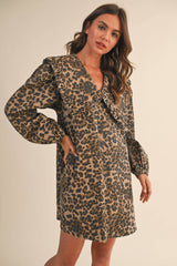 ID9370-A OVERSIZED COLLAR PUFF SLEEVES LEOPARD DENIM DRESS: LEOPARD / S