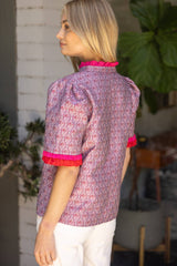 35883 Jacqaurd Petal Print Contrast Ruffle Top: Mauve / M