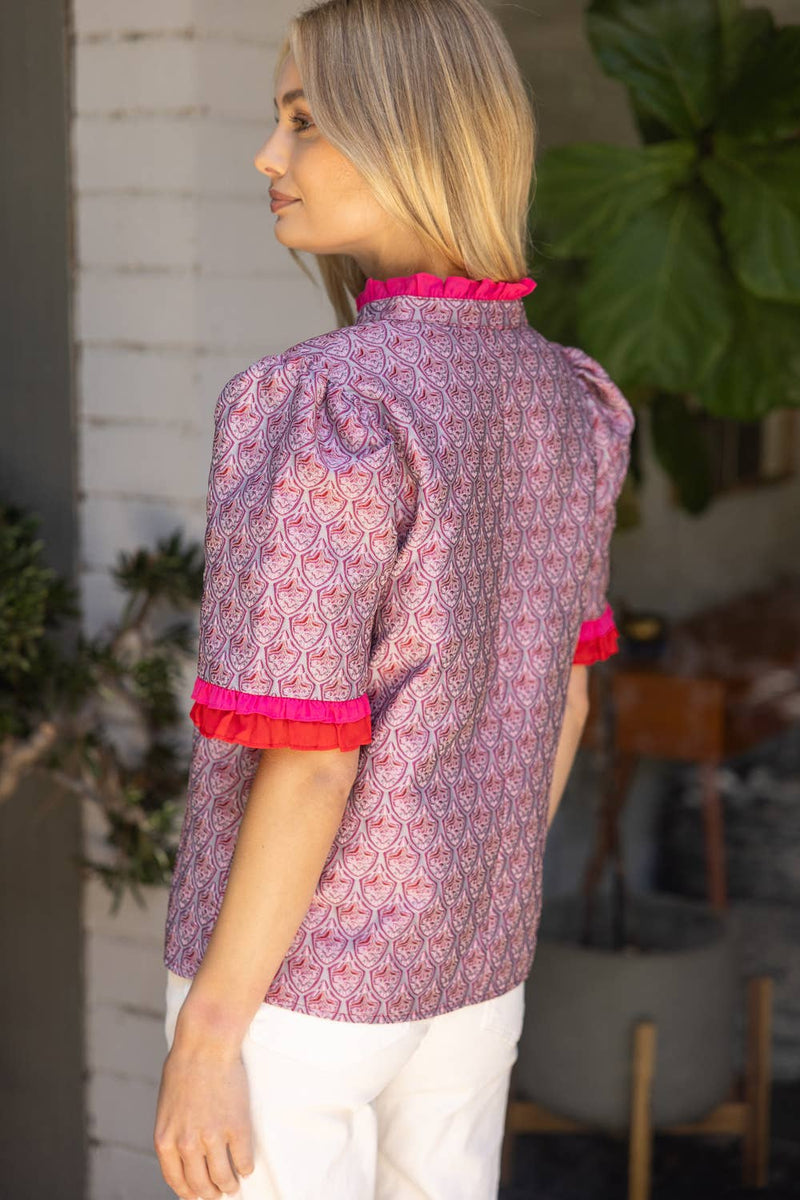 35883 Jacqaurd Petal Print Contrast Ruffle Top: Mauve / M
