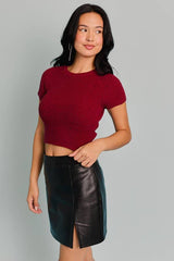 ROUND NECK SHORT SLEEVE BACK TIE KNIT TOP: Brown / XS