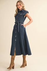 BUTTON DOWN MIDI DRESS: DK DENIM / S