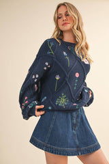 IT4253 MULTI FLORAL EMBROIDERED LATTICE CABLE SWEATER: NAVY / M
