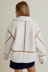 LAPEL COLLAR JACKET WITH LONG SLEEVE AND FRONT ZIP CLOSURE: IVORY-LT BROWN / S