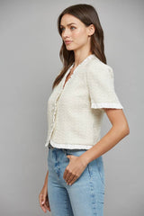 CONTRAST RUFFLE HEM DETAIL LUREX TWEED JACKET FJ70198: CREAM / L