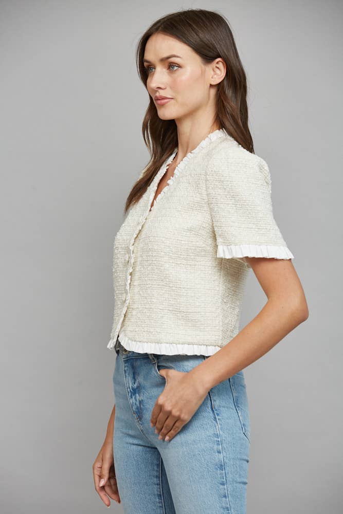 CONTRAST RUFFLE HEM DETAIL LUREX TWEED JACKET FJ70198: CREAM / S