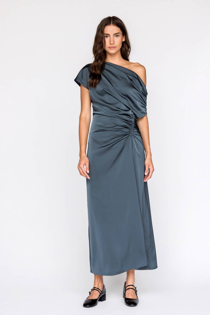 JD9203-ONE SHOULDER RUCHED MIDI DRESS: CHOCOLATE / S