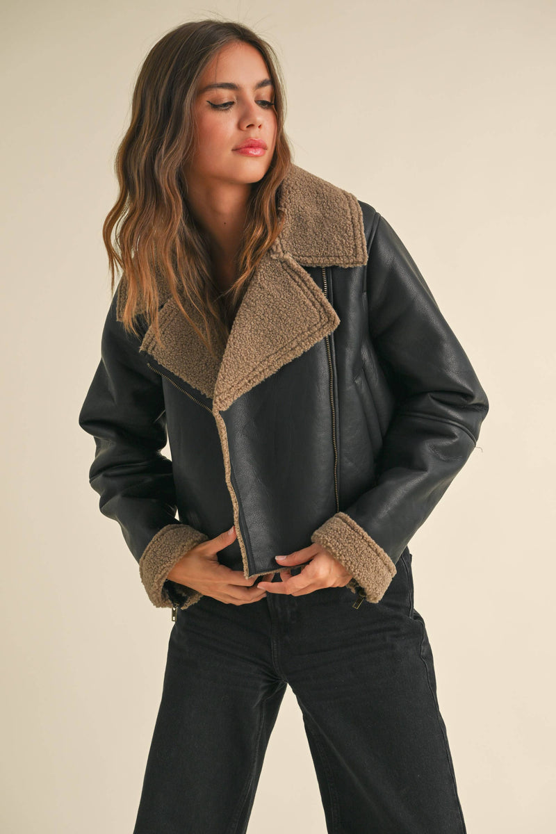 BIKER JACKET: BLACK/BROWN / L