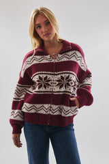 SWEATER JACKET: BURGUNDY-WHITE XS