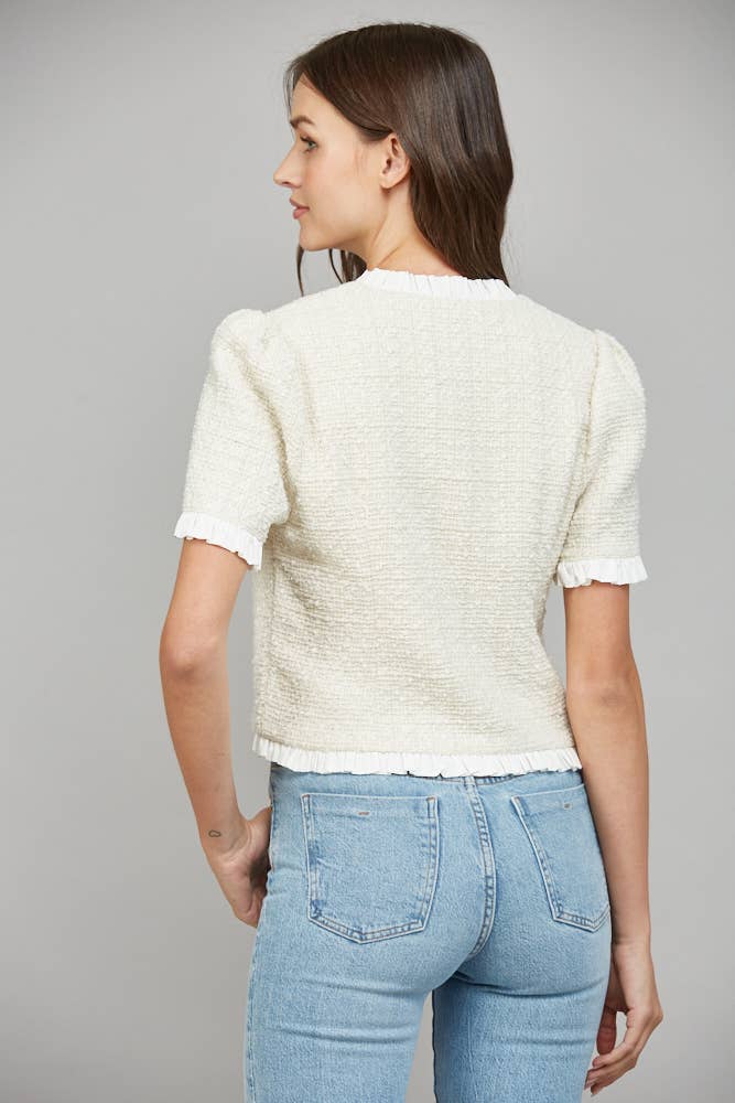 CONTRAST RUFFLE HEM DETAIL LUREX TWEED JACKET FJ70198: CREAM / S