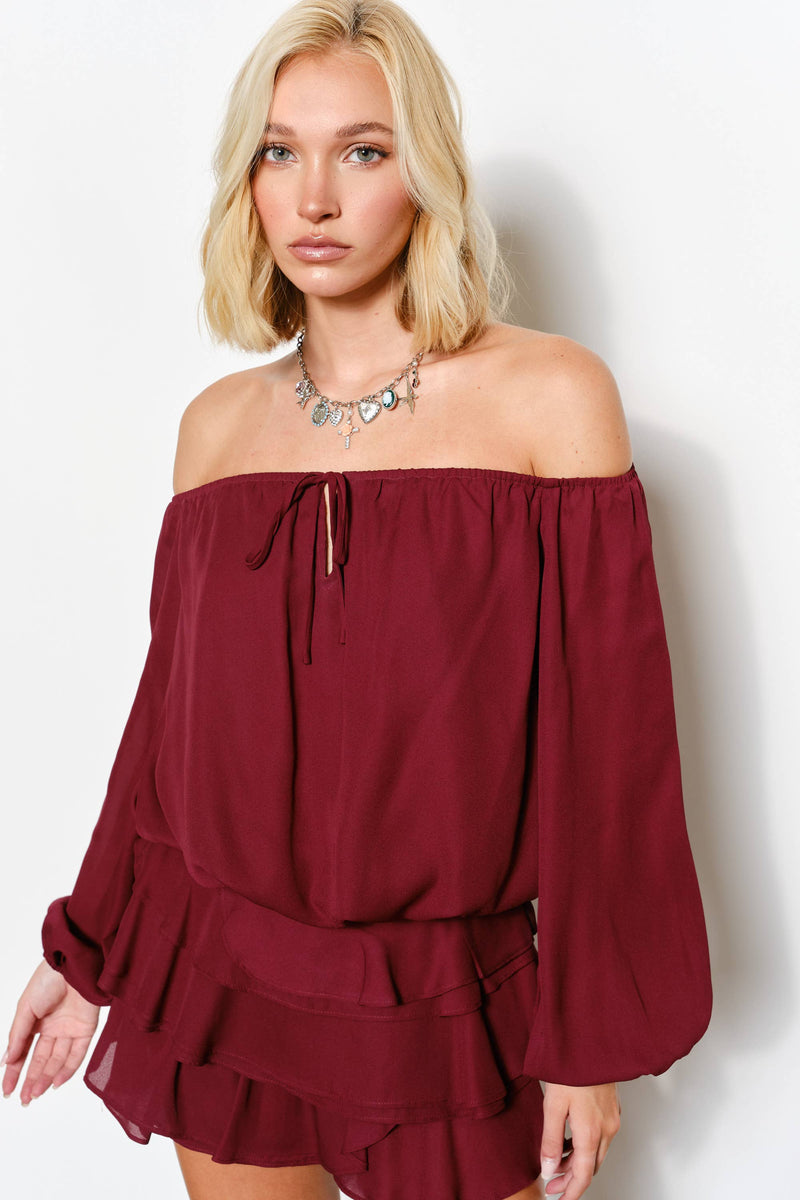 ISABELLA OFF SHOULDER BUBBLE HEM TOP - Romantic, Night Out: Burgundy / L