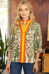 35856 Abstract with Striped Placket and Neck Detailed Top: Light Olive / M