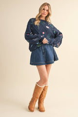 IT4253 MULTI FLORAL EMBROIDERED LATTICE CABLE SWEATER: NAVY / M