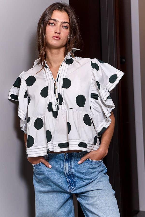IT2337 Ruffle Sleeves Pintuck Detail Polka Dot Print top: CREAM/BLACK