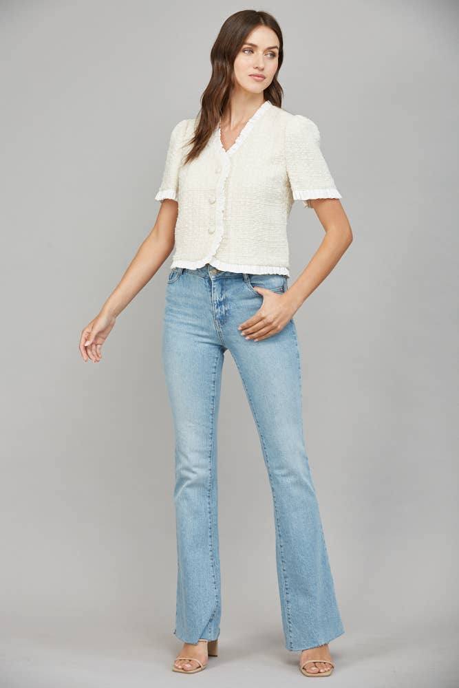 CONTRAST RUFFLE HEM DETAIL LUREX TWEED JACKET FJ70198: CREAM / S