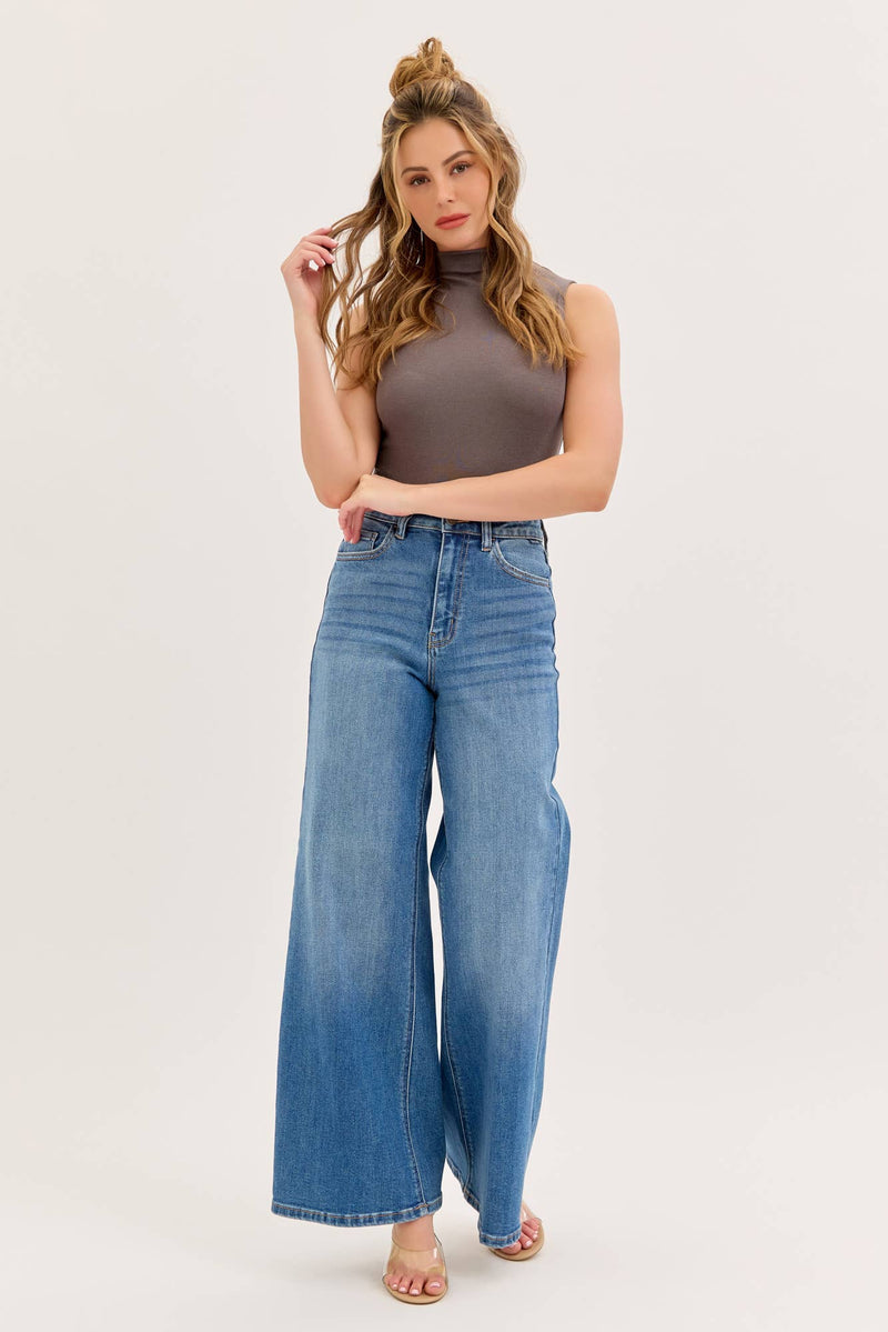 Stretch High Rise Wide Leg Jeans Medium Denim [WV97320M]: 1