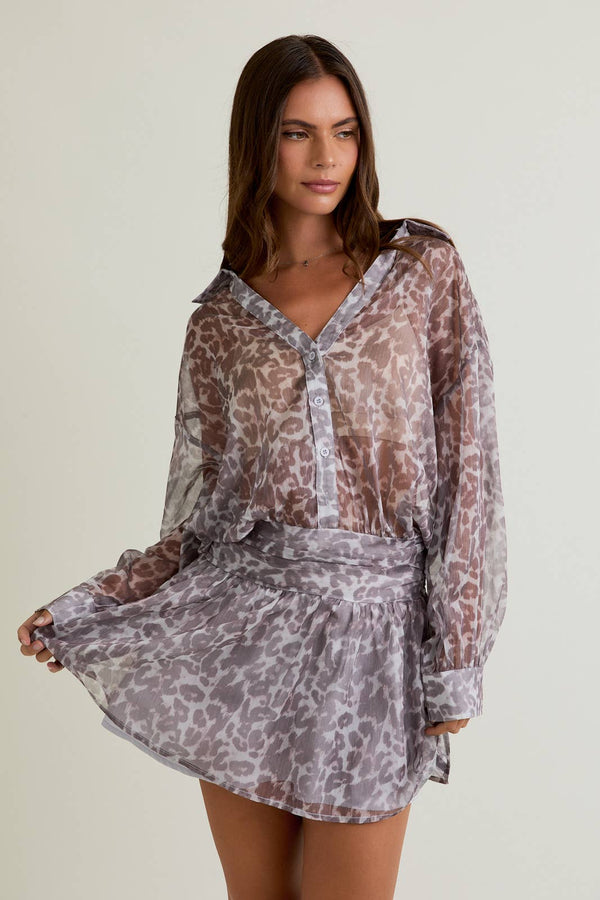 LOW WAIST SHIRT DRESS: WHITE-MOCHA ANIMAL / S