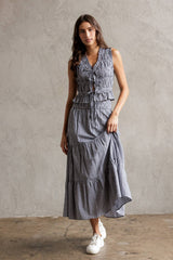 TIERED GINGHAM MIDI SKIRT M