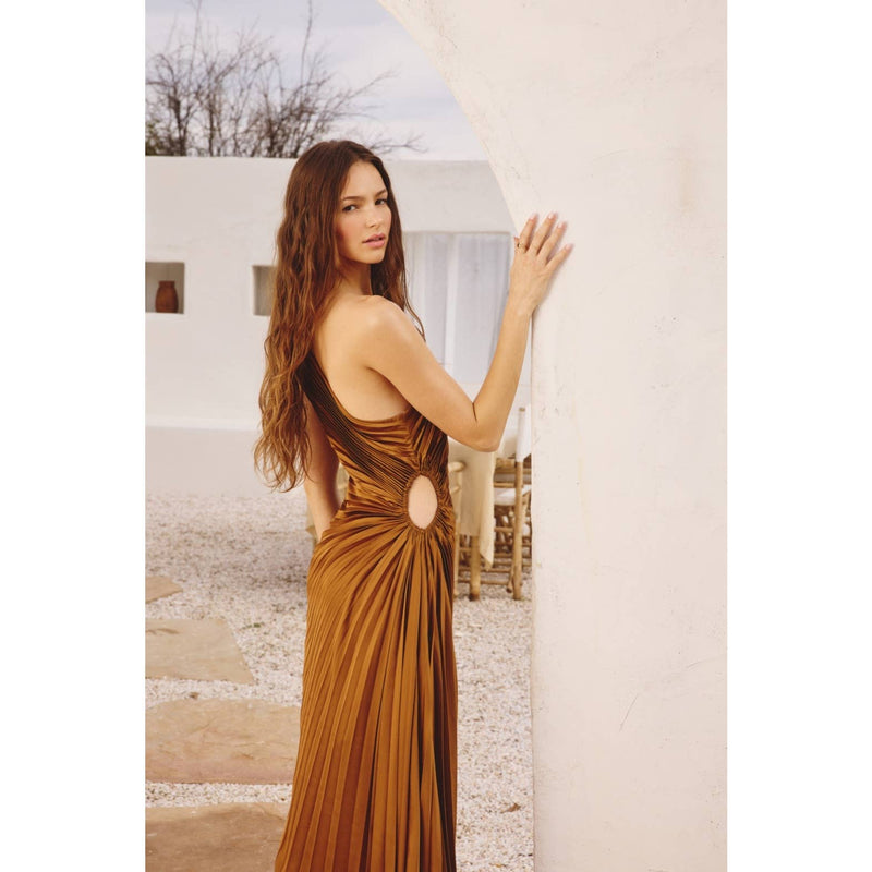 Olympia Asymmetrical Pleated Maxi Dress: BLUE SAPPHIRE