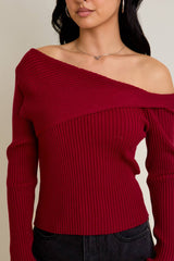 ONE SHOULDER RIBBED DIFFERENCE DETAIL SWEATER TOP: H BROWN / S