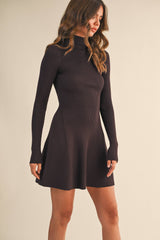 ID5527 MOCK NECK LONG SLEEVE FIT AND FLARE MINI DRESS: DK CHOCOLATE / S
