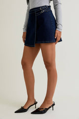 CROSS COVER DENIM MINI SKIRT: DENIM / L