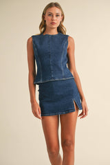 IST5697 DENIM OPEN BACK TOP WITH BOW DETAIL AND MINI SKIRT: DARK DENIM / M