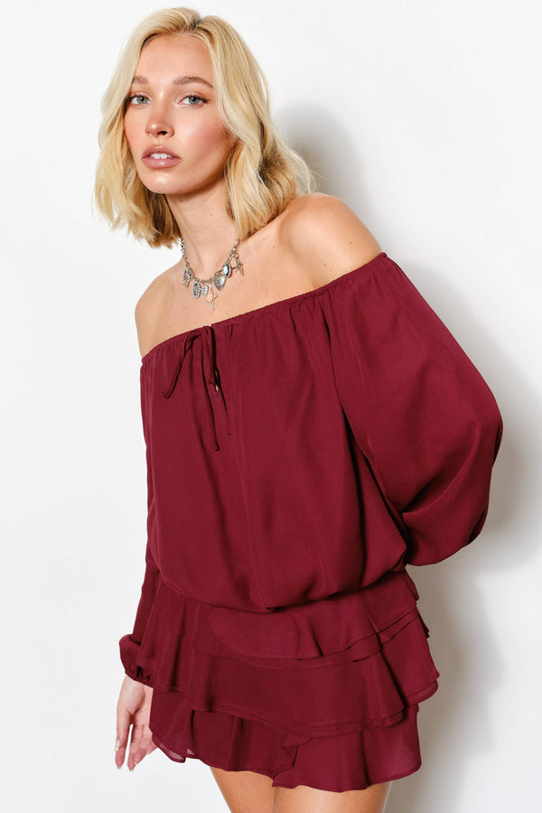 ISABELLA OFF SHOULDER BUBBLE HEM TOP - Romantic, Night Out: Burgundy / M