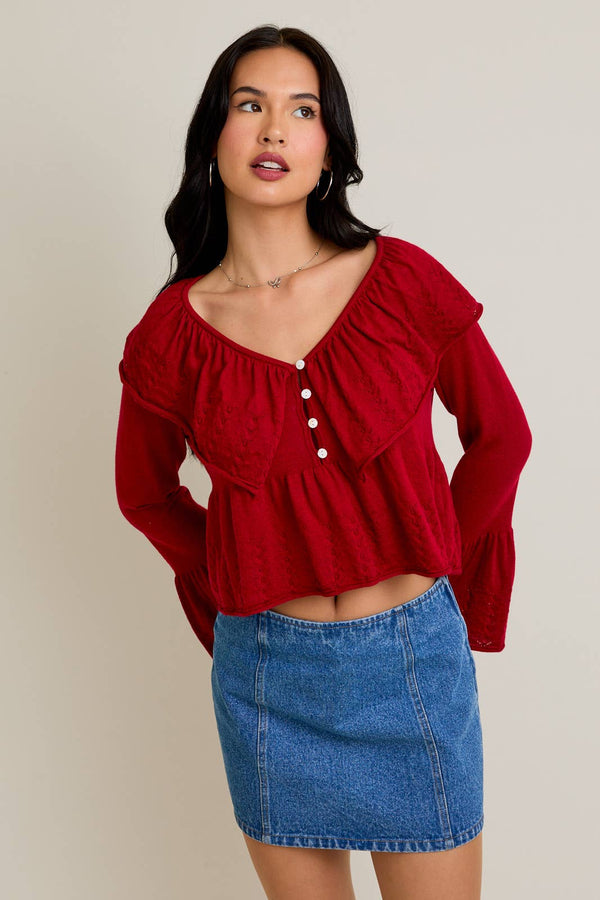 LONG SLEEVE FINE KNIT SWEATER WITH RUFFLE DETAILS: RUBY RED / S