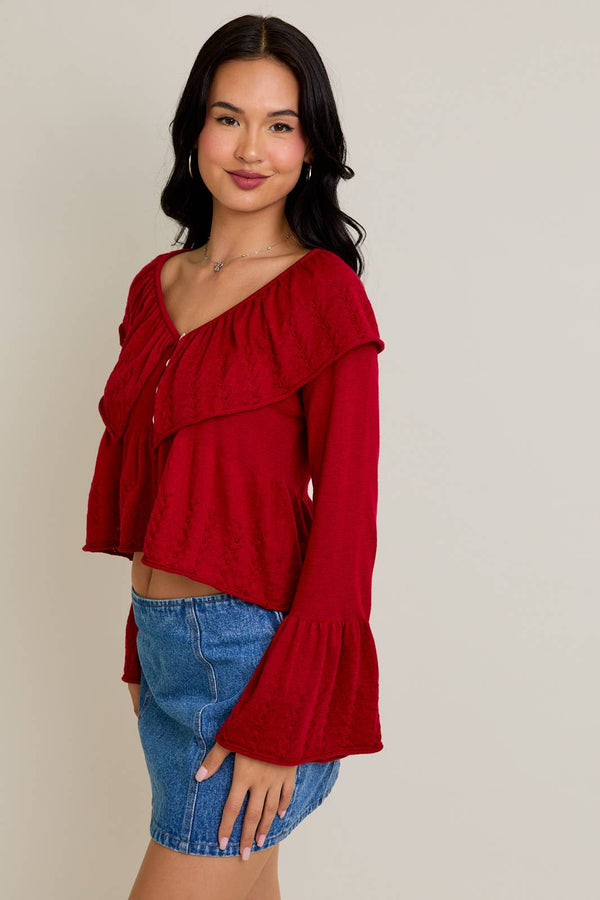 LONG SLEEVE FINE KNIT SWEATER WITH RUFFLE DETAILS: RUBY RED / S