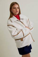 LAPEL COLLAR JACKET WITH LONG SLEEVE AND FRONT ZIP CLOSURE: IVORY-LT BROWN / L