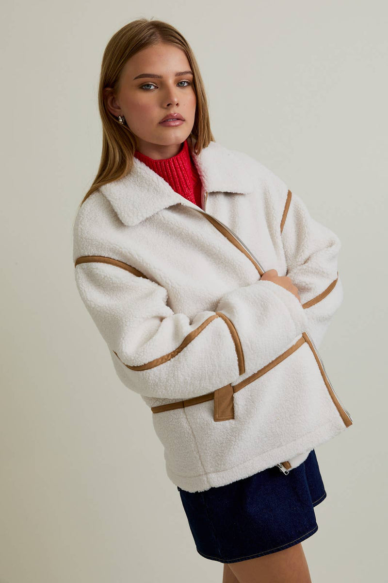LAPEL COLLAR JACKET WITH LONG SLEEVE AND FRONT ZIP CLOSURE: IVORY-LT BROWN / L