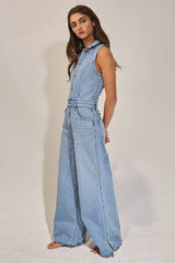 IR5621  Collared Wide Leg Denim Jumpsuit