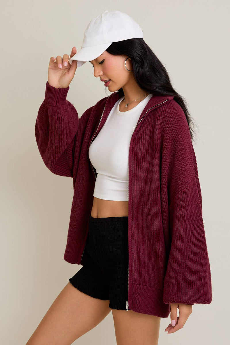 SWEATER CARDIGAN: Burgundy / M