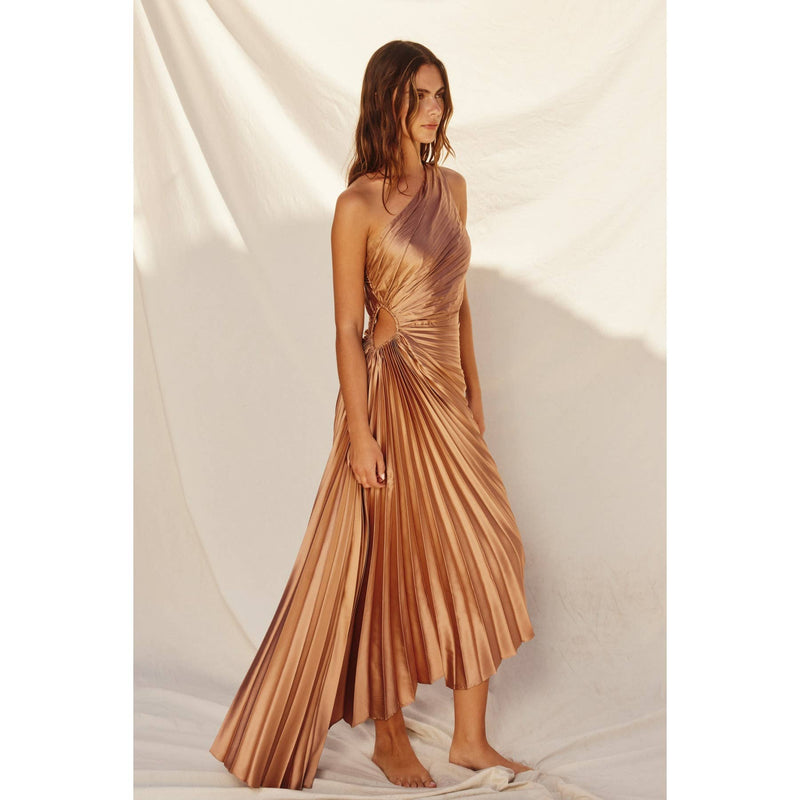 Olympia Asymmetrical Pleated Maxi Dress: BLUE SAPPHIRE