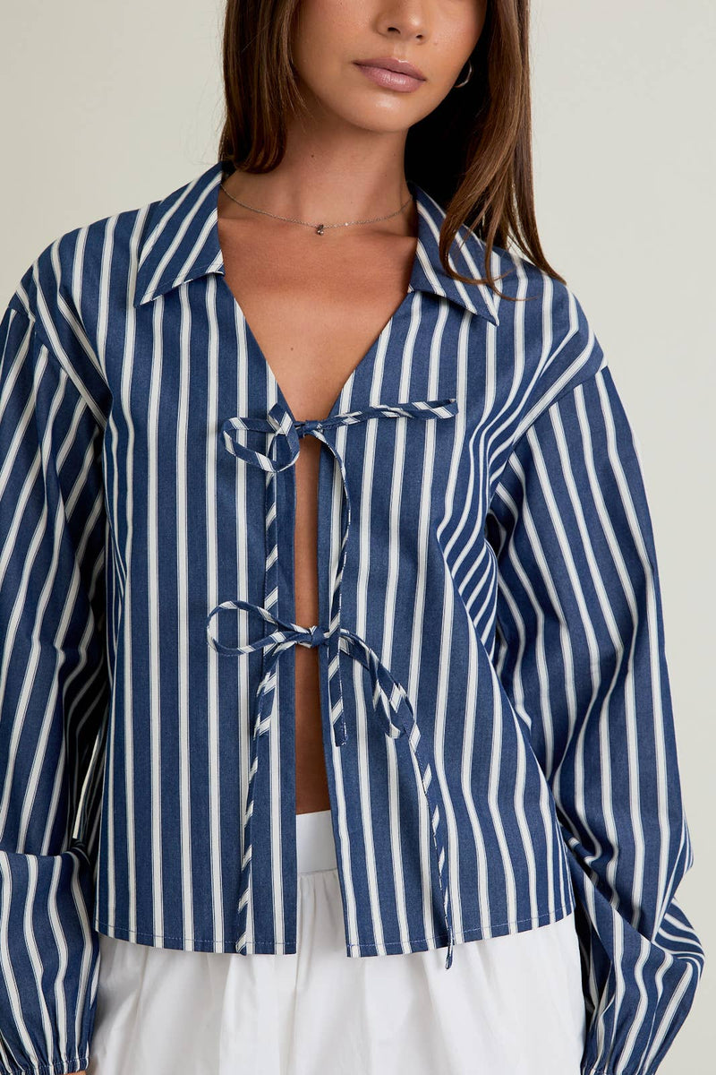 STRIPE LONG SLEEVE TIE TOP L