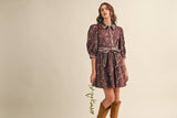 BLANKET STITCH PUFF SLEEVE FLORAL MINI DRESS MDR4173: Plum Multi Floral / M