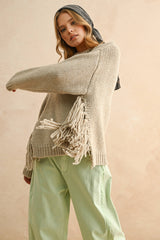 FRINGE SWEATER TOP: STONE / S