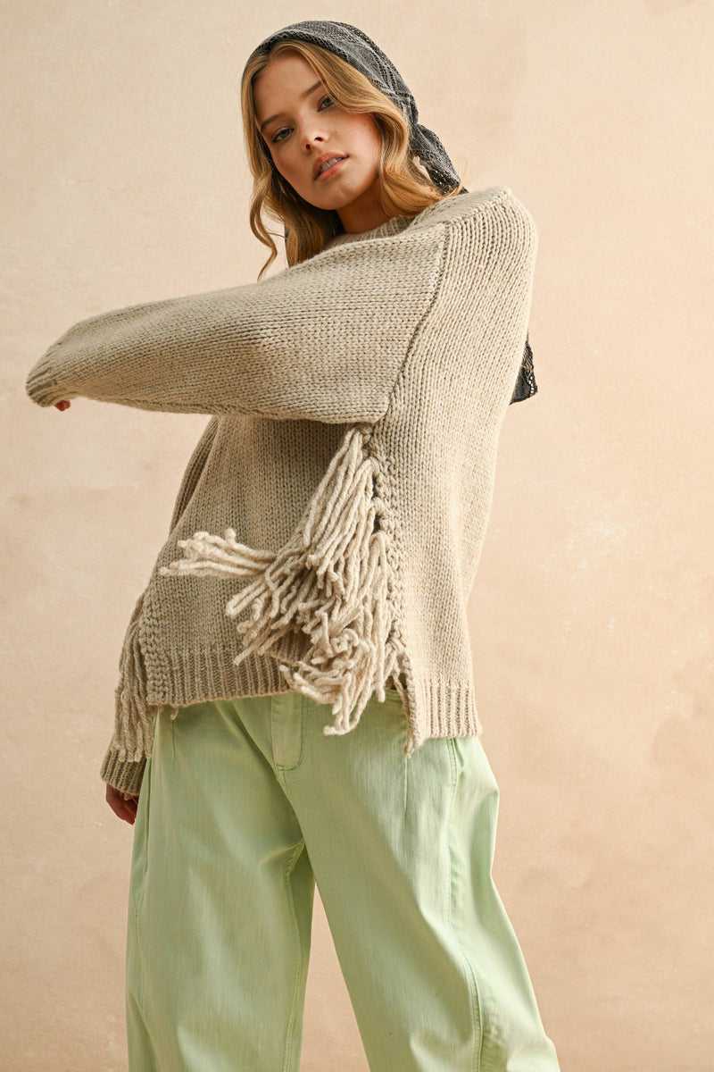 FRINGE SWEATER TOP: STONE / S