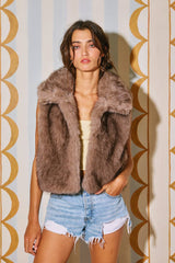 IT2645 Zip-Up Faux Fur Crop Jacket: TAUPE / S-M-L (2-2-2)